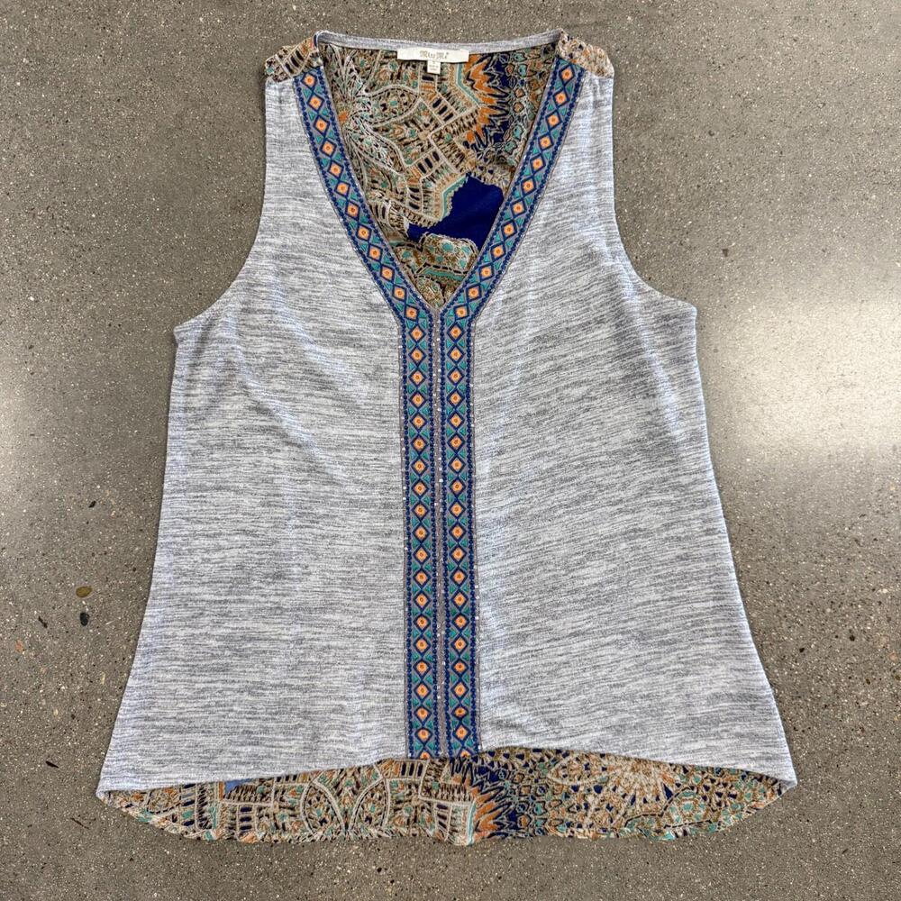 Miss Me Tank Top Womens S Boho Festival Sleeveless Paisley Trim V-Neck Shirt